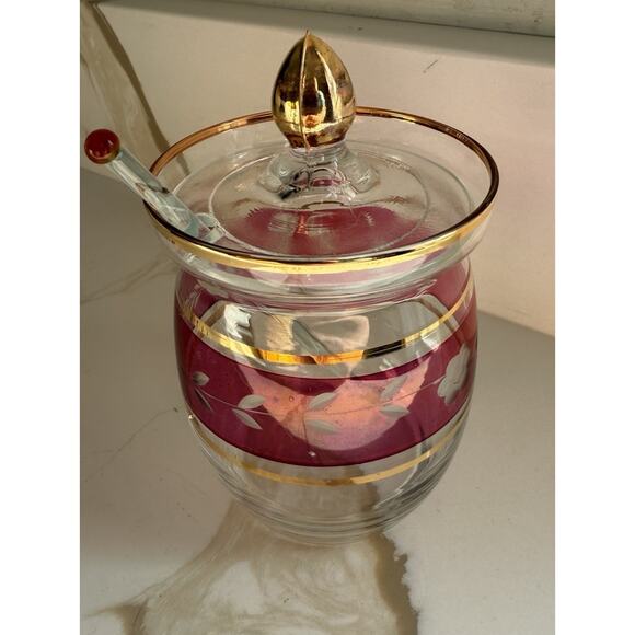 Antique Ruby Flash Glass Jam- Condiment Jar Etched With Gold Trim RARE 4” - Picture 1 of 10